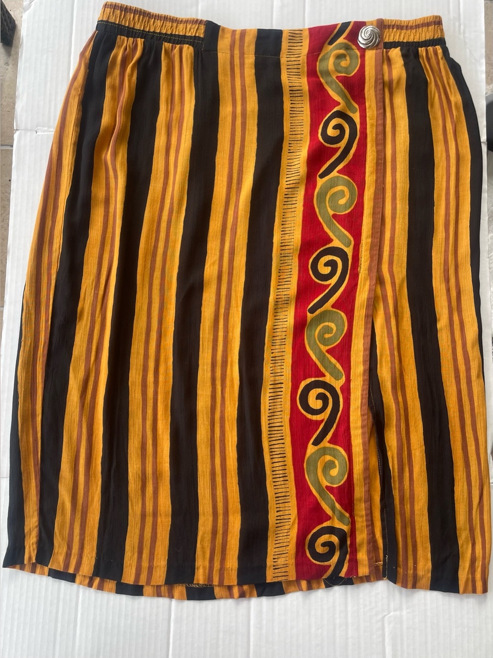 August Max Woman Striped Midi Skirt in Mustard, Black & Rust